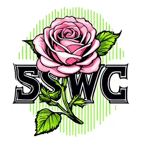 Alberta pink rose with green and grey pinstripe art behind and the letters sswc underneath  tattoo design idea
