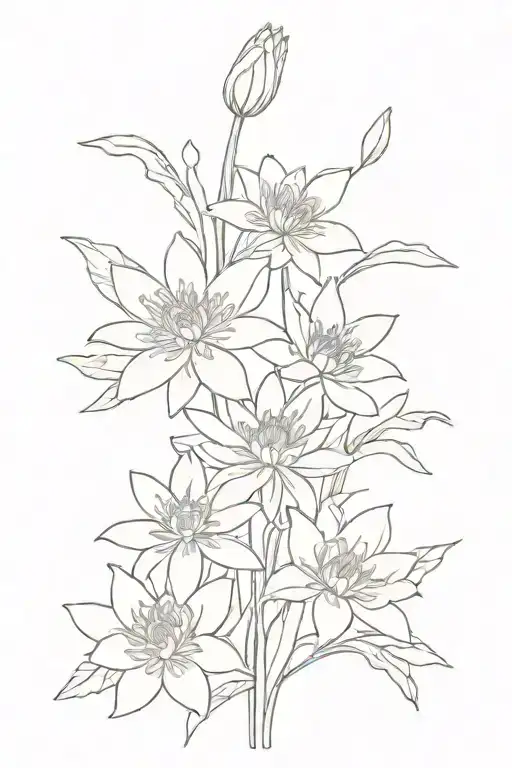 a fine line tatto of these flowers in a bundle:  Chrysanthemum, water lilly, aster, and Lilly of the valley  tattoo design idea