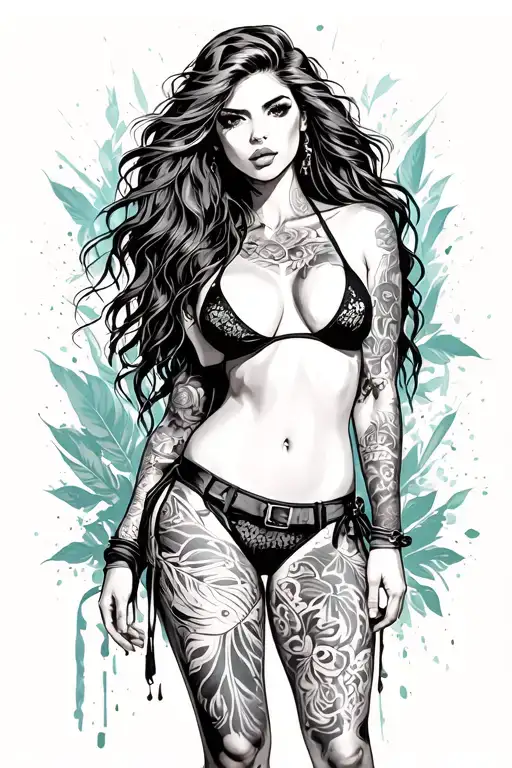 Sexy girl, petite, small boobs, wide hips, bikini . long hair,sexual. Seductive. Full Body, standing with legs and feet tattoo design idea