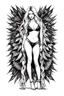 Sexy girl, petite, small boobs, wide hips, bikini . long hair,sexual. Seductive. Full Body, standing with legs and feet tattoo design idea