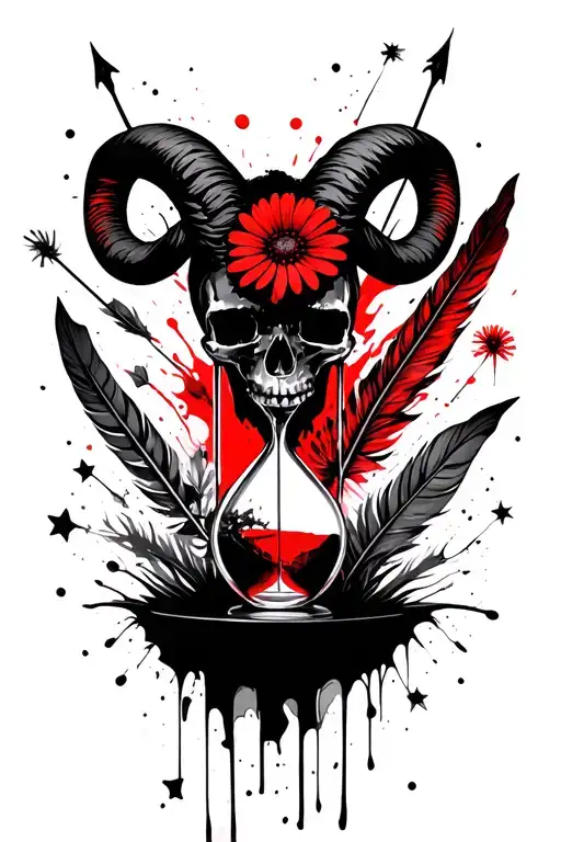 Aries, feathers, arrows, daises, dandelion, hourglass, stars, and skulls  tattoo design idea