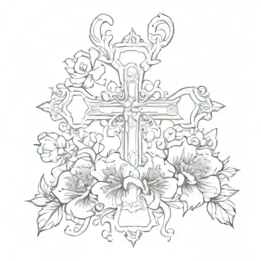 cross with birth flowers for March August and September  tattoo design idea