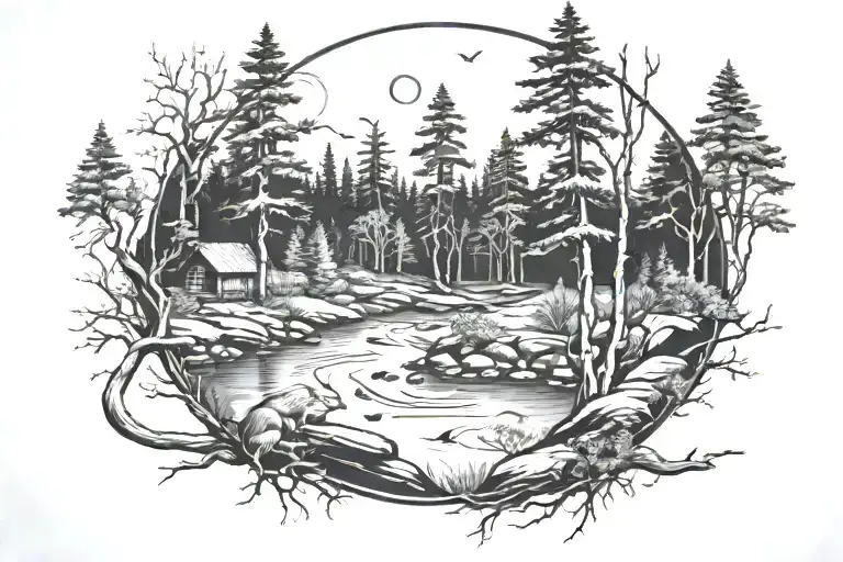 forest with a river flowing towards the front and beaver building a dam and a large bright moon tattoo design idea