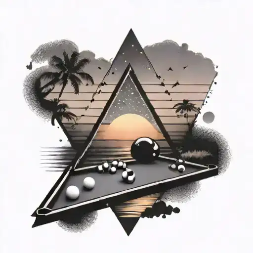 A billiards triangle rack with a beach sunset silhouette in the background, creating a dramatic and artistic look tattoo design idea