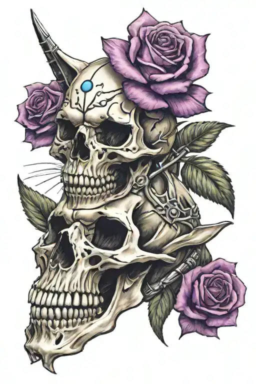 Tattoo with purple roses, half a cat skull and half a cat head, with three swords tattoo design idea