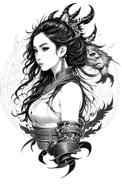 Japanese temple, female warrior, lioness, scorpio constellation tattoo design idea