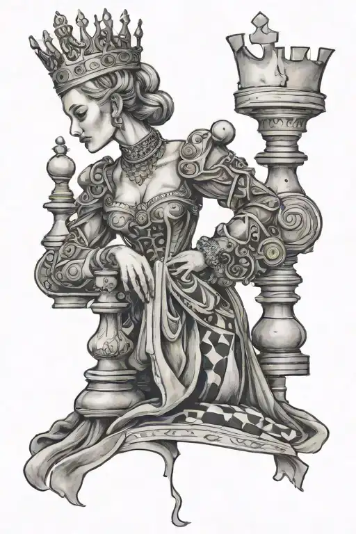 Queen piece standing tall on a Chess Board surrounded by her pieces tattoo design idea