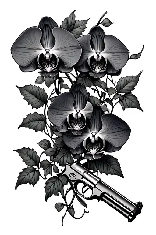 orchids and ivy vines wrapping, guns money drugs tattoo design idea