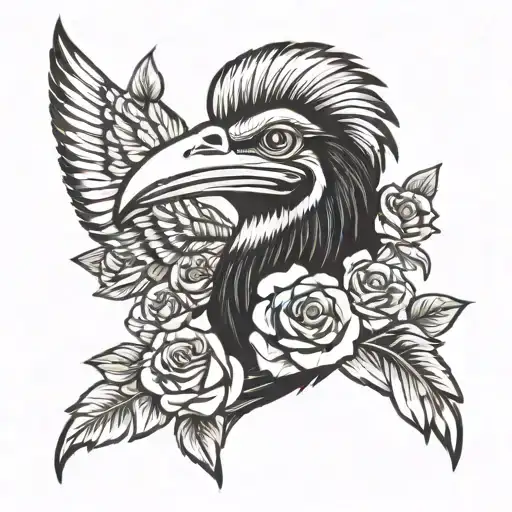 HORNBILL BIRD FACE WITH ROSES tattoo design idea