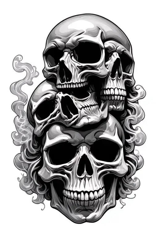 3 skulls stacked with see no evil, hear no evil, speak no evil and smoke tattoo design idea