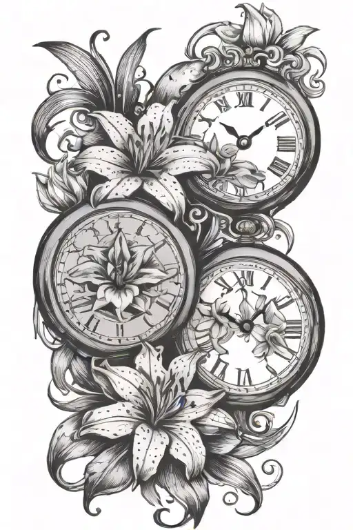 two clocks surrounded by stargazer lillies on forearm tattoo design idea