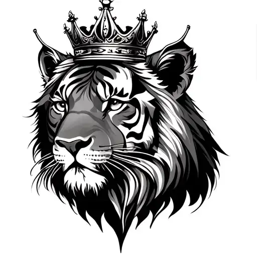 half lion head half tiger head with crown on head tattoo design idea