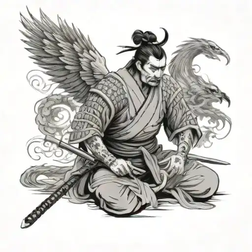 a samurai kneeling with his sword in front of him in the background there is a Japanese house burning with a phoenix fly tattoo design idea