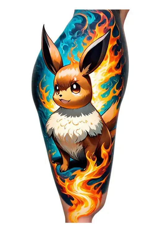 Tattoo design on right calf showing Eevee evolving into Flareon, surrounded by swirling fire and smoke. The energy flows tattoo design idea