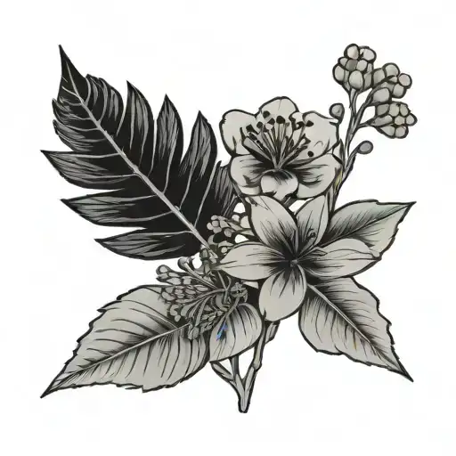 a small tattoo incorporating both the Pride of Barbados flower and the Spachea perforata flower in a bouquet. minimalist tattoo design idea