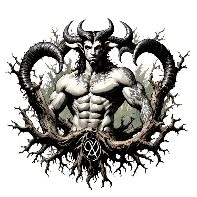 Gay male horned satyr with massive bodybuilder muscles. Surrounded by natural tree roots, vines and sigils tattoo design idea