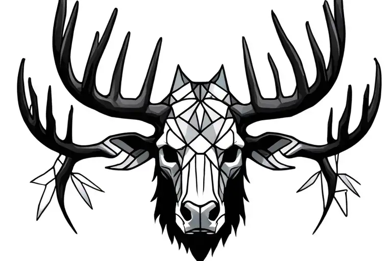 moose head, skeleton, with antlers that are stained glass, geometric, no fur tattoo design idea
