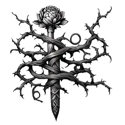 mace wrapped in vines tattoo design idea