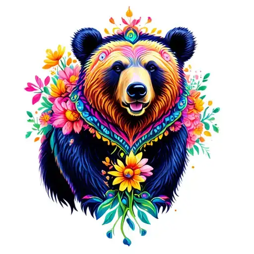 colorful bear with flowers surrounding it and mandala design incorporating elements tattoo design idea