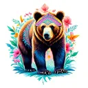 colorful bear with flowers surrounding it and mandala design incorporating elements tattoo design idea