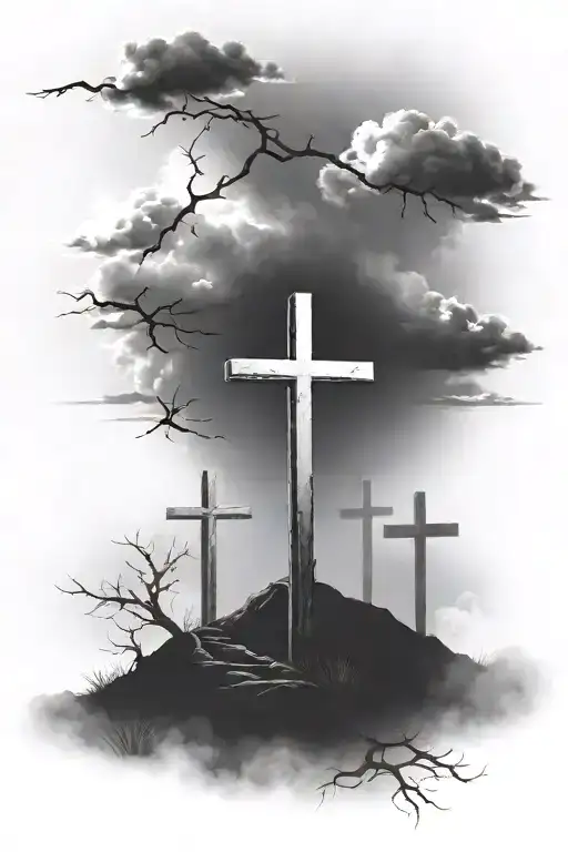 3 crosses on a hill with light shining, on a hill, crown of thorns, clouds around tattoo design idea