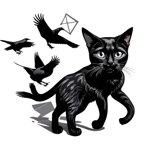 can you make the black cat walking foward in the tattoo and the crows flying and the geometric elements have a mix of sh tattoo design idea