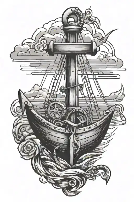 boat with cross mast and anchor going down saying god is my anchor  tattoo design idea