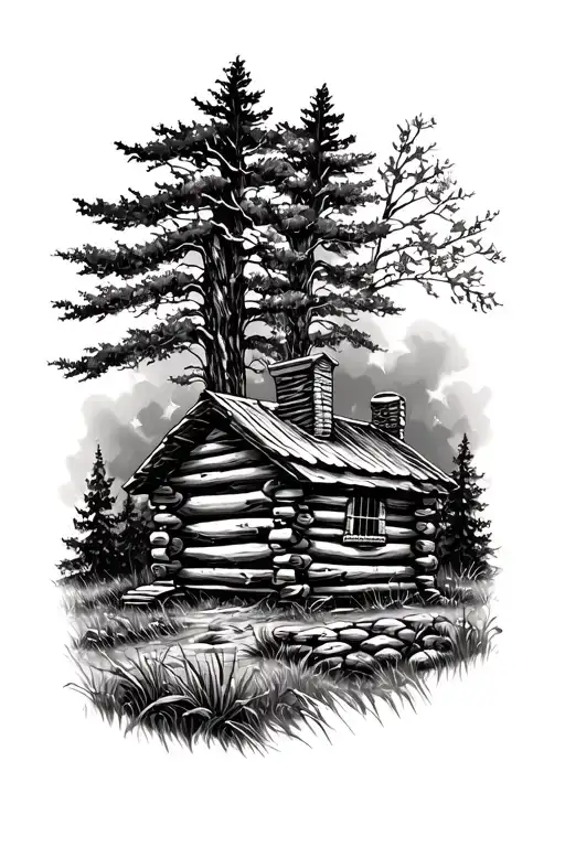 Log Cabin With An Acoustic Guitar Nature Scene  tattoo design idea