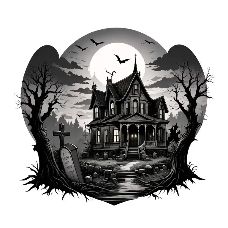 Haunted House and graveyard scene tattoo design idea