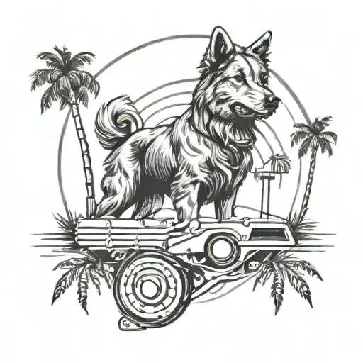 Incorporate elements of a dog named Dolly, a shooting range, and palm trees for a unique tattoo design tattoo design idea