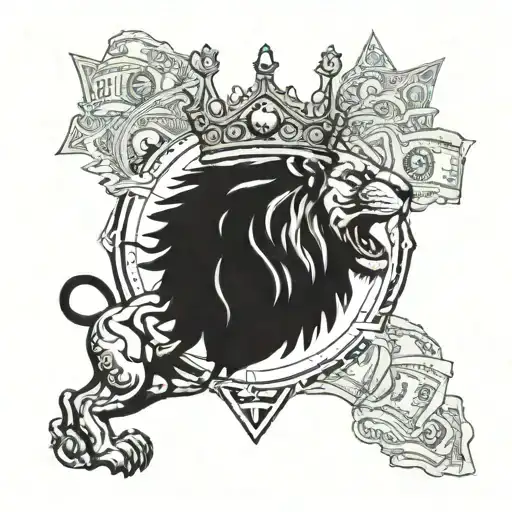 A dynamic tattoo of a roaring lion wearing a crown made of dollar bills, symbolizing strength, ambition, and financial success in the business world tattoo design idea