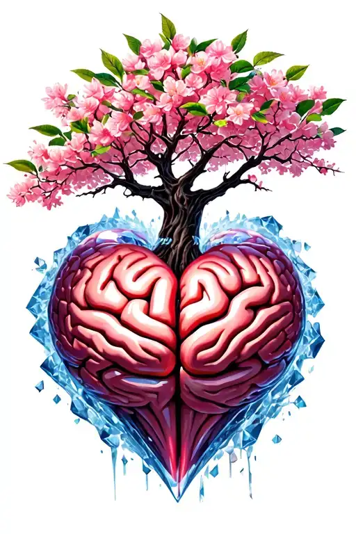sakura tree growing out of a diamond heart with the branches and leafes making a shape of a brain tattoo design idea