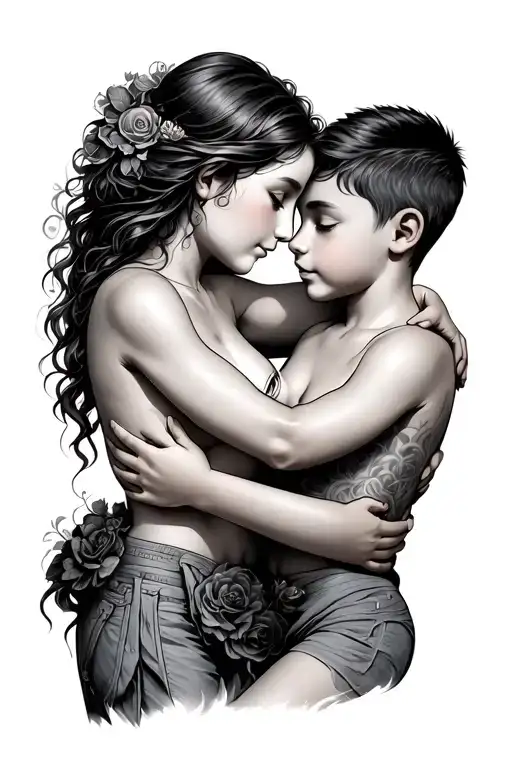 mother embracing two sons tattoo design idea