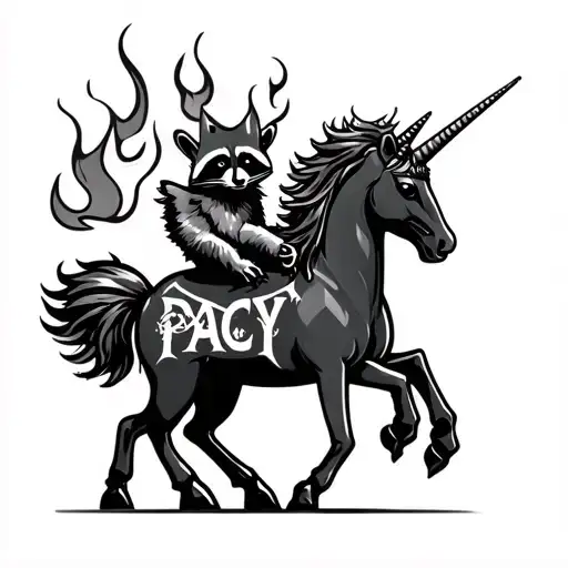 black unicorn with a music crown, fire mane and tail, and a raccoon riding it with PACY branding on it tattoo design idea