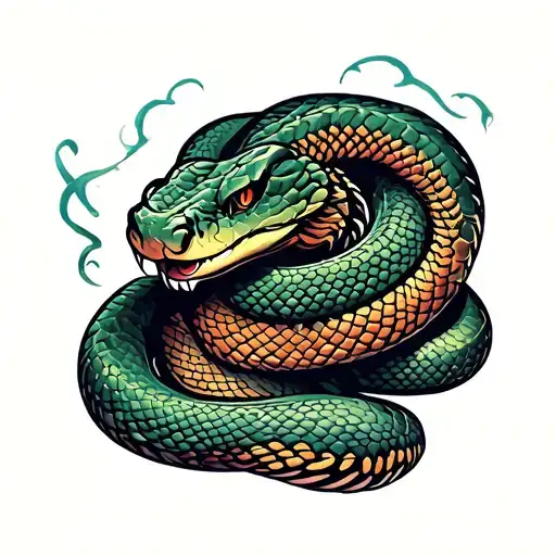A bold, high-contrast tattoo-inspired streetwear design on a dark, muted background, featuring a stylized, coiled snake tattoo design idea