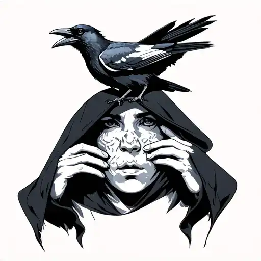 hooded figure with raven perched on top tattoo design idea