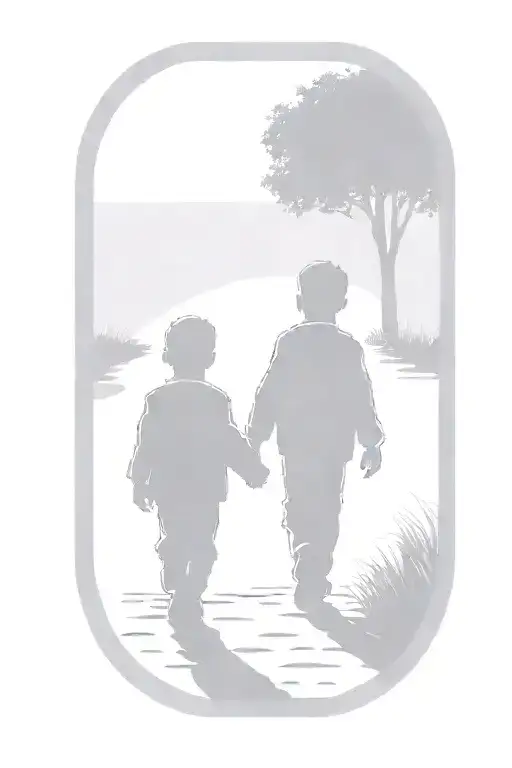 2 small brothers, holding hands one taller a bigger than the other the small one ears stick out tattoo design idea