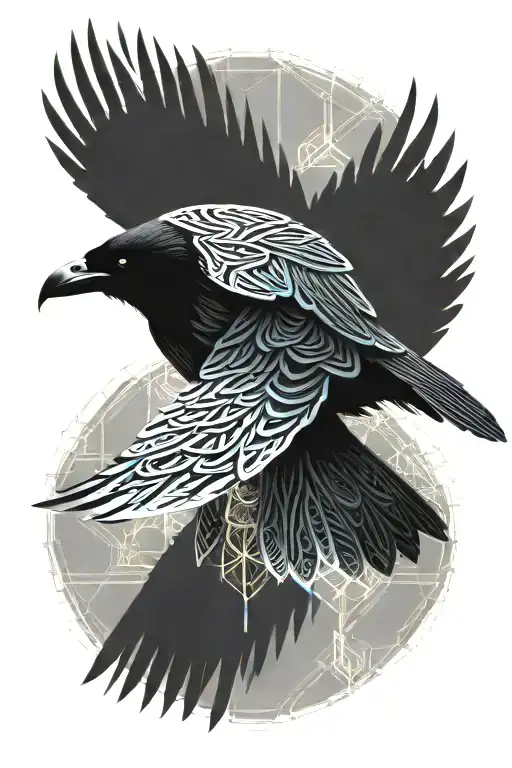 bird - raven or crow flying - wings spread out - have maybe like a cyber sigilism style of a woman inside of the bird tattoo design idea