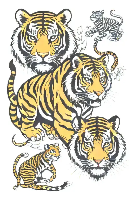 two tigers, a monkey and a dog in Chinese zodiac style tattoo design idea