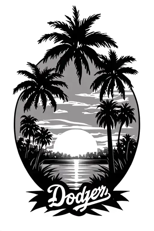LA dodger design with palm trees and sunset scene tattoo design idea