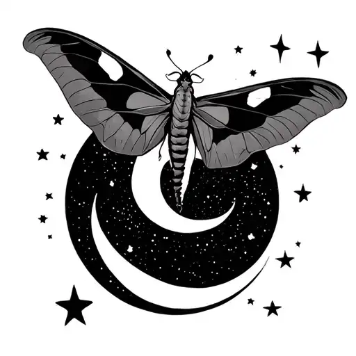 luna moth and moon surrounded by stars tattoo design idea