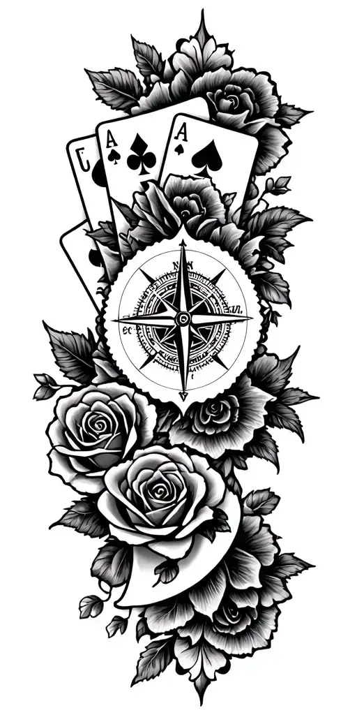 filigree design with playing cards, compass and roses tattoo design idea