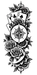 filigree design with playing cards, compass and roses tattoo design idea