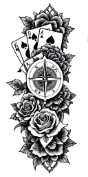 filigree design with playing cards, compass and roses tattoo design idea