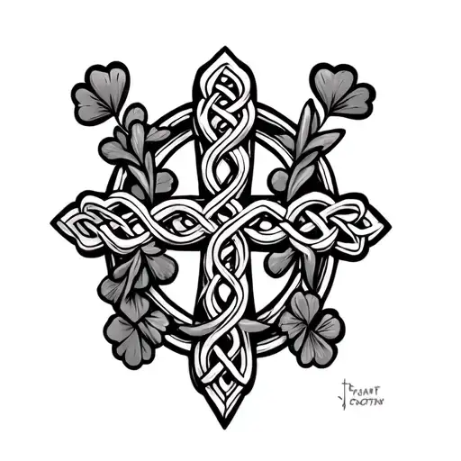 A Celtic cross with buying four leaf clover’s running through it and mixed some sort of Native American theme in it as w tattoo design idea