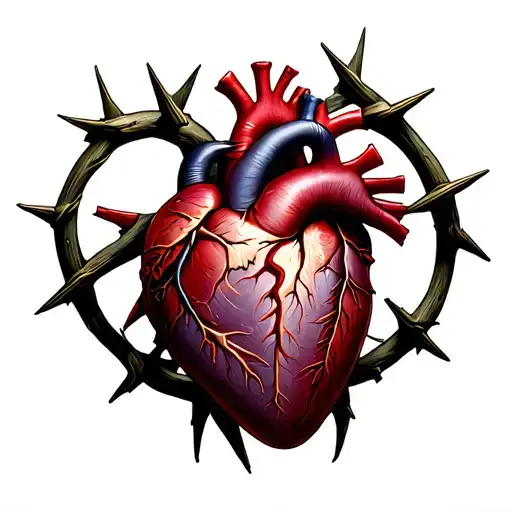 Realistic heart, holy nail inside it, thorn crown surrounded tattoo design idea