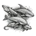 axolotl, penguin, & baby hammerhead shark swimming together tattoo design idea