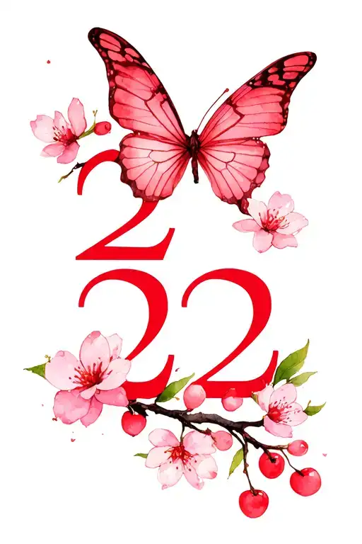 i want the number 22. the tattoo will be red. i want to incorporate cherry blossoms and a y2k style butterfly tattoo design idea