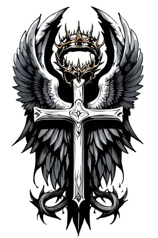 cros with wings and a thorn crown tattoo design idea