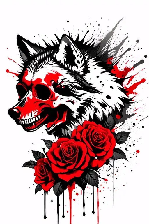 Wolf, skulls and roses tattoo design idea